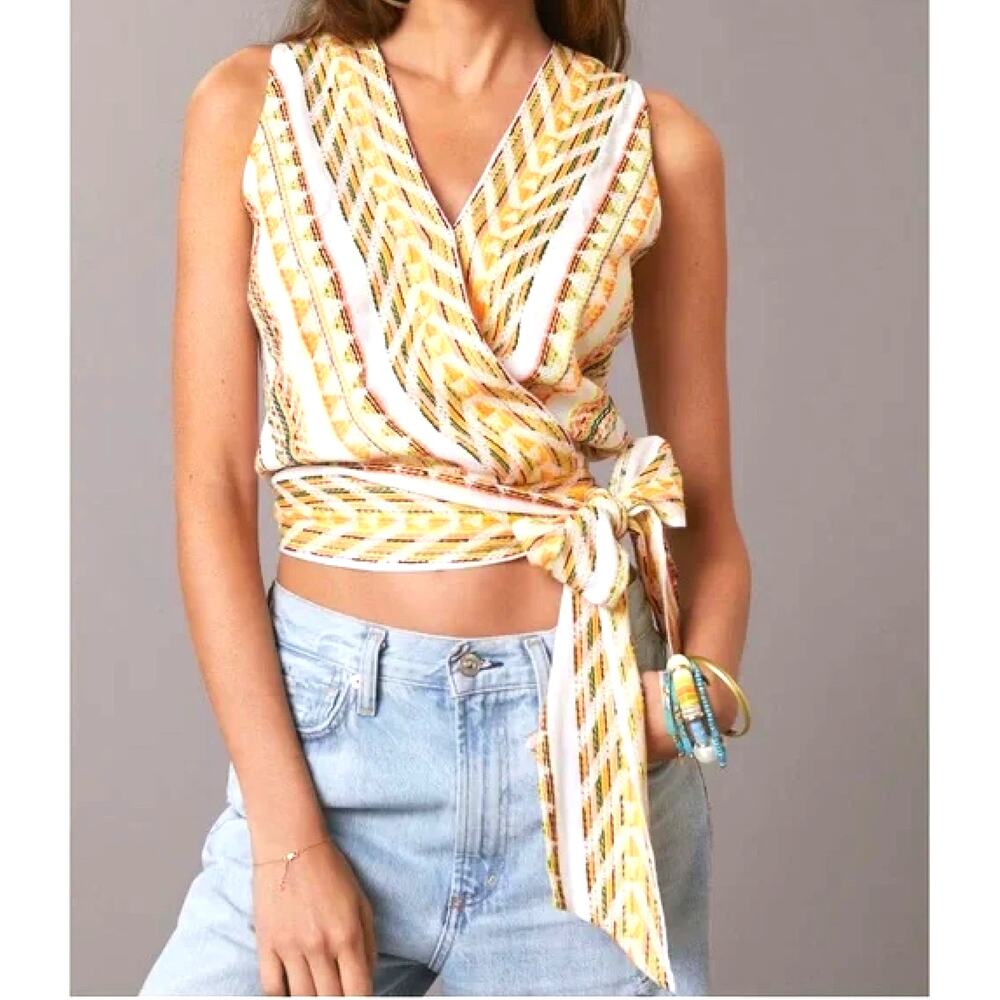 Dolan By Anthropologie Womens XS White Orange Embroidered Wrap Crop Top Boho